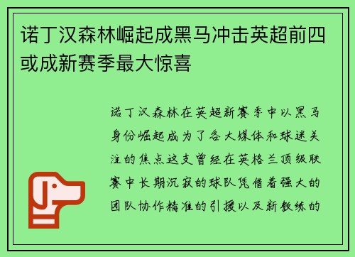 诺丁汉森林崛起成黑马冲击英超前四或成新赛季最大惊喜